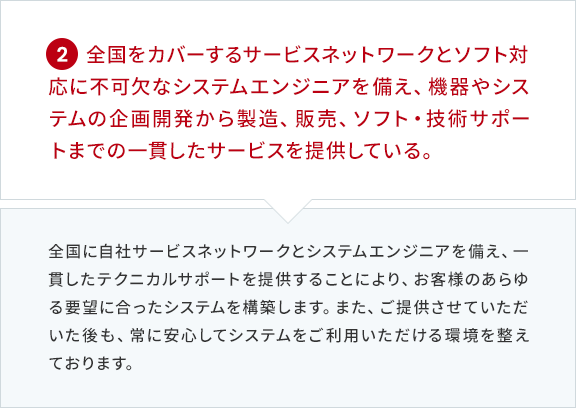 2 全国をカバーするサービスネットワークとソフト対応に不可欠なシステムエンジニアを備え、機器やシステムの企画開発から製造、販売、ソフト・技術サポートまでの一貫したサービスを提供している。 全国に自社サービスネットワークとシステムエンジニアを備え、一貫したテクニカルサポートを提供することにより、お客様のあらゆる要望に合ったシステムを構築します。また、ご提供させていただいた後も、常に安心してシステムをご利用いただける環境を整えております。