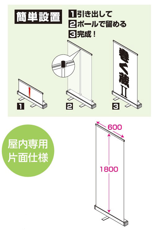 引き出してポールで留めるだけの簡単設置。屋内専用片面仕様。サイズは横600mm、縦1800mm